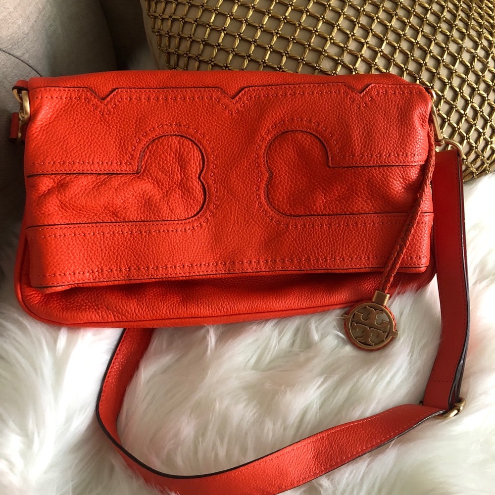 One Day Sale Tory Burch Vibrant Orange Pebbled Leather Crossbody - Picture 2 of 8